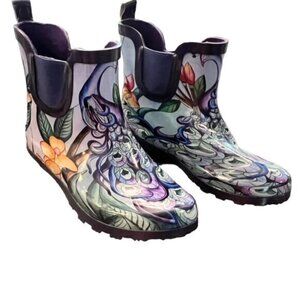 Anuschka Ankle Rain Boots‎ Midnight Peacock Floral Purple Blue Size 6 NEW - RARE
